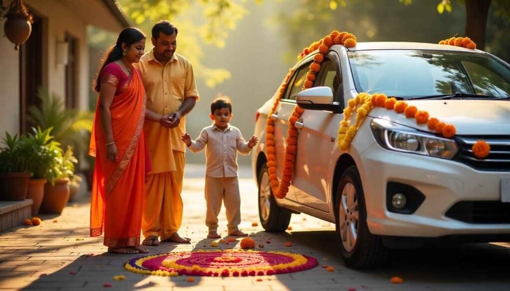 Indian family performing vehicle pooja (Vehicle Purchase) with flowers and garlands while taking delivery of a new car on an auspicious day
